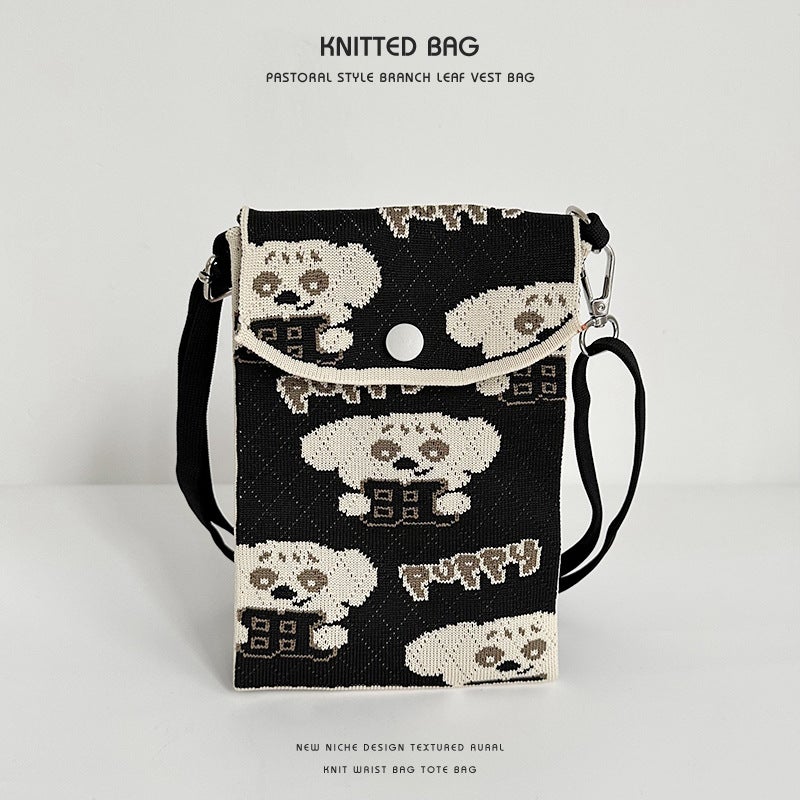 Korean-Style All-Match Niche Design New Adjustable Button Phone Bag Cartoon Small Animal Knitted Crossbody Phone Bag - Image 5